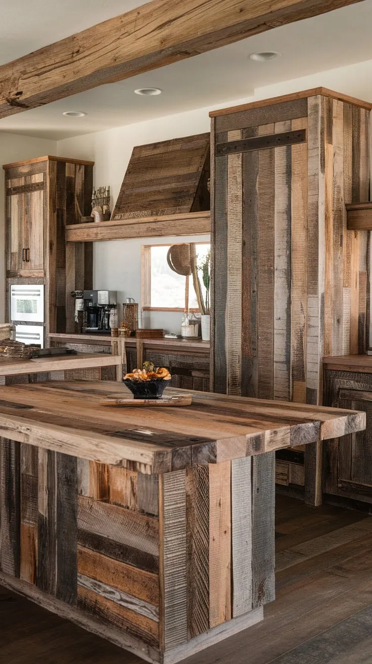 The heart of the home, this open-concept kitchen boasts a reclaimed barnwood island, its rough-hewn texture a testament to its history. The rustic charm is amplified by the matching cabinetry, creating a warm and inviting Western-style space. A perfect blend of modern convenience and timeless appeal.