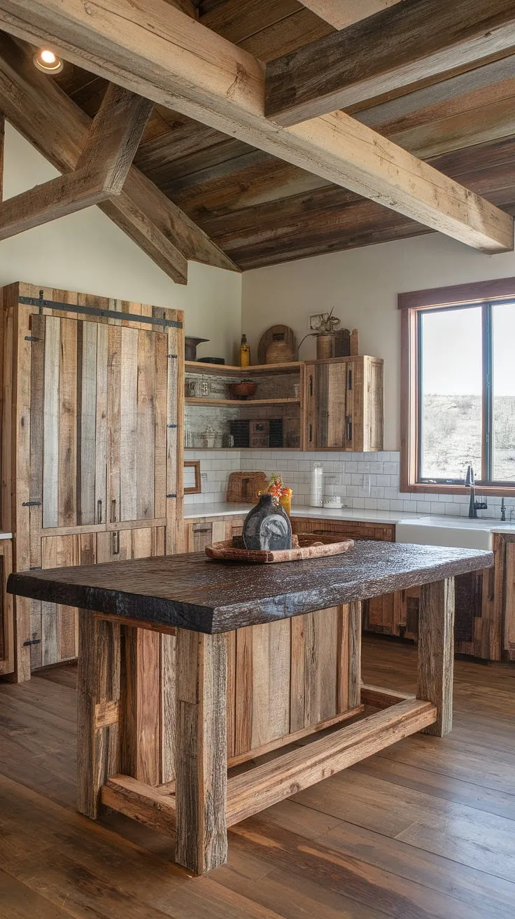 This kitchen is a testament to the beauty of reclaimed materials. The rustic island, a stunning centerpiece, boasts a unique character enhanced by its dark countertop. A blend of modern conveniences and rustic charm, this space is both functional and aesthetically pleasing. The open design and abundant natural light create a warm and welcoming environment, showcasing the artistry of A thoughtfully curated space.