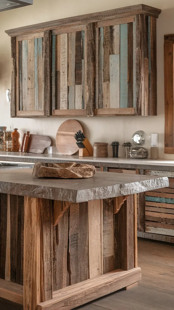 The heart of the home: This open-concept kitchen seamlessly blends modern convenience with rustic charm. A reclaimed wood island, topped with a thick slab of natural stone, anchors the space, complemented by distressed antique cabinets and a warm, inviting atmosphere. The result is a kitchen that's both beautiful and functional.