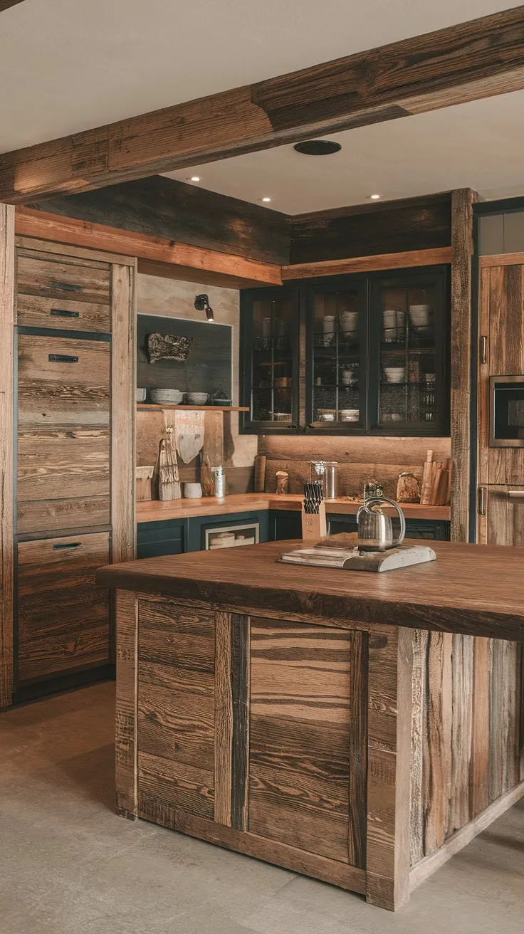 This western-inspired kitchen effortlessly marries rustic charm with sleek modern lines. The centerpiece, a magnificent reclaimed wood island, anchors the space, showcasing the beauty of natural materials while complementing the clean lines of the surrounding cabinetry. A true testament to thoughtful design.