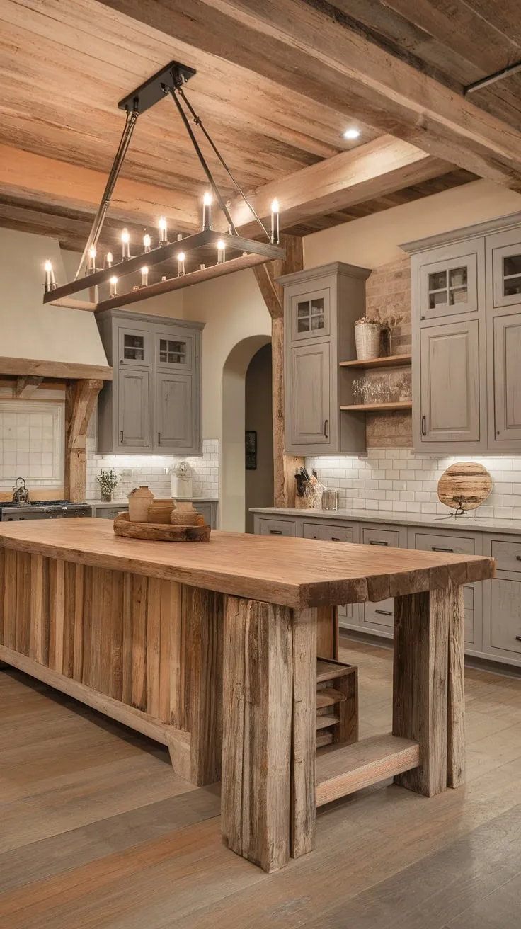 Warmth and character define this stunning kitchen. A massive reclaimed wood island, showcasing its beautiful, rough-sawn texture, anchors the space. The soft gray cabinetry and barnwood ceiling create a harmonious blend of modern design and rustic appeal. This is where memories are made.
