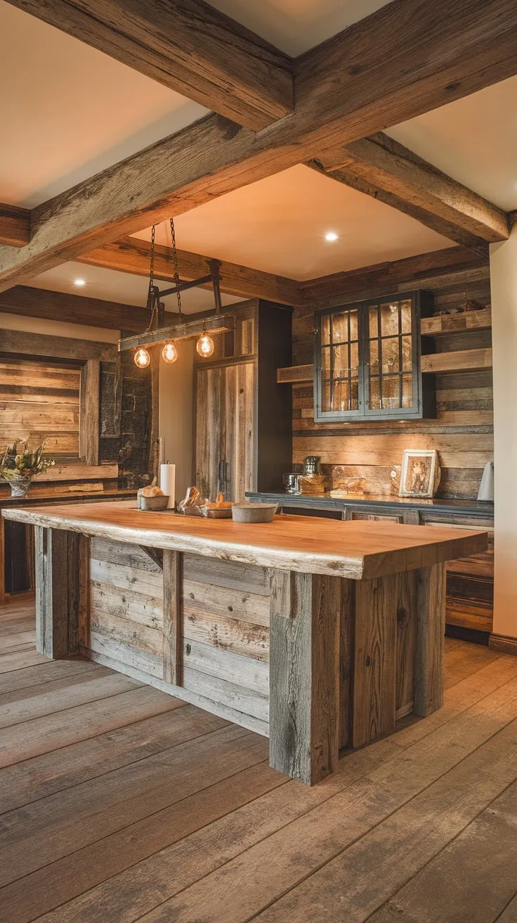 Warm lighting illuminates the heart of this home, where a massive barnwood island, rough-hewn and undeniably rustic, anchors a kitchen blending reclaimed wood cabinetry with sleek modern accents. The contrast is captivating.