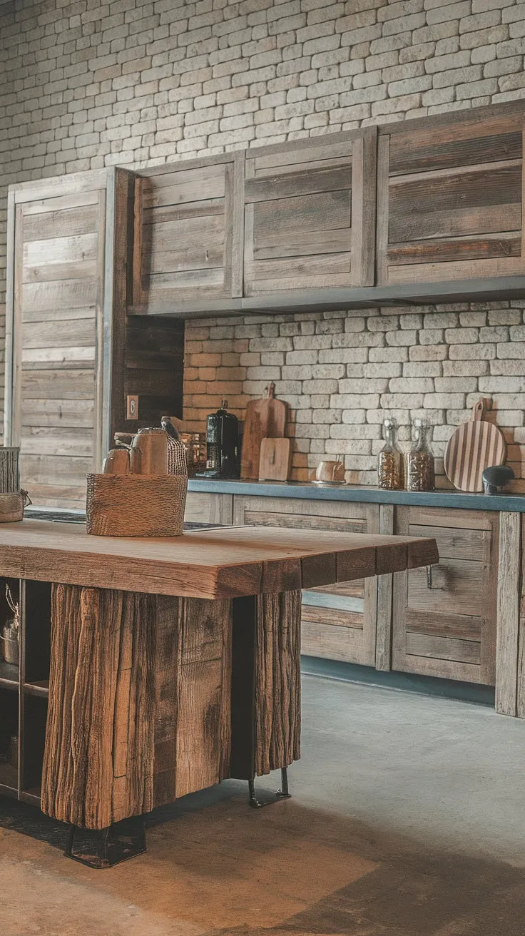 A symphony of textures and styles: rough-hewn barnwood, industrial metal, and smooth concrete create a captivating kitchen. The reclaimed wood island is the undeniable centerpiece, its unique character enhanced by the modern cabinetry and brick backdrop. A truly inspiring space.