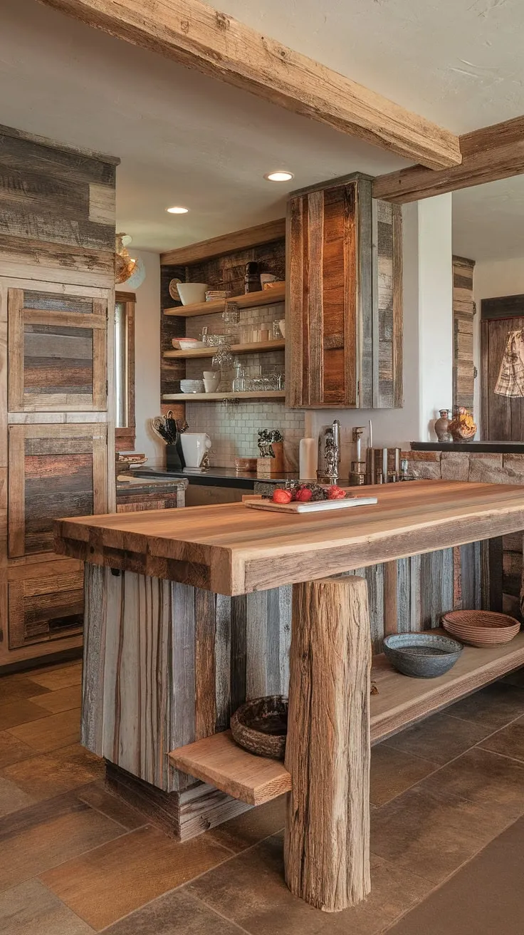 The heart of this home is a stunning reclaimed wood kitchen island, its barnwood surface telling tales of time past. Surrounded by a mix of rustic and modern cabinetry, this kitchen offers a welcoming western aesthetic, effortlessly connecting the kitchen and living areas. A testament to thoughtful design and enduring style.