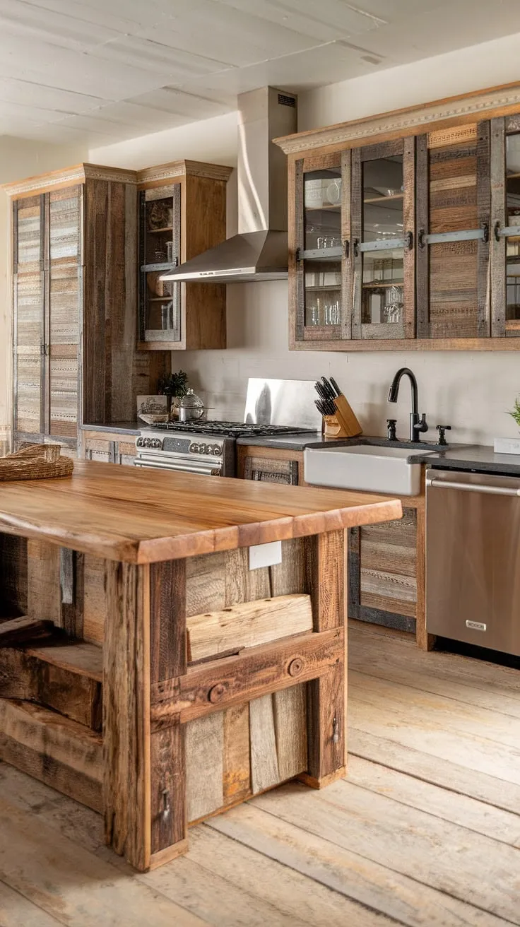 This reclaimed wood island is the heart of this modern rustic kitchen, its weathered beauty a perfect complement to the rough-sawn cabinets and light wood floors. The entire space whispers of comfortable, western charm, a testament to thoughtful design and quality craftsmanship. A warm and inviting atmosphere is created by the blend of textures and tones.