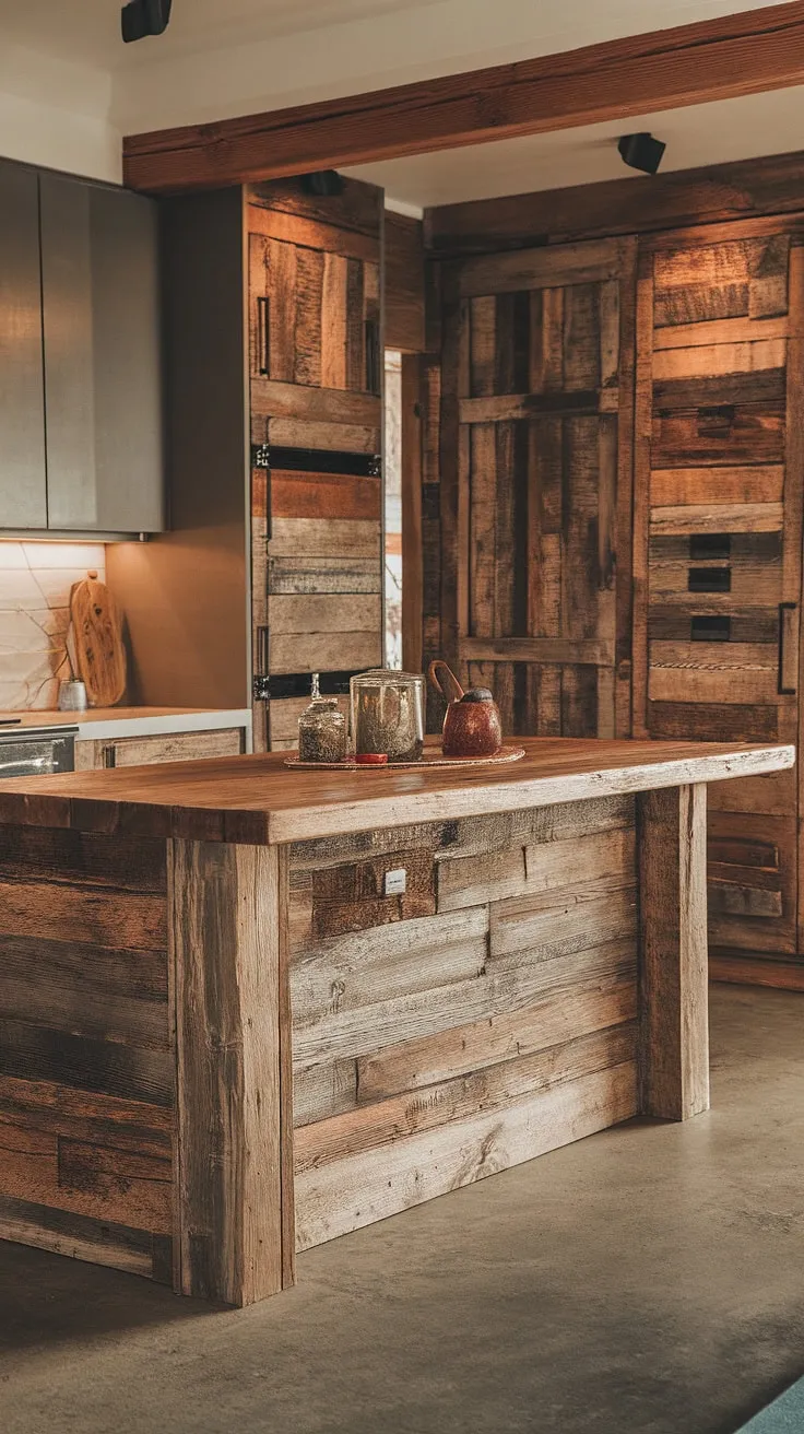 The heart of the home: A reclaimed wood island anchors this stunning kitchen, its barnwood texture a beautiful contrast to the modern elements. The rustic cabinets and warm lighting create a cozy atmosphere, while the concrete floors add an industrial edge. A perfect example of how to blend contrasting styles for a truly unique space.