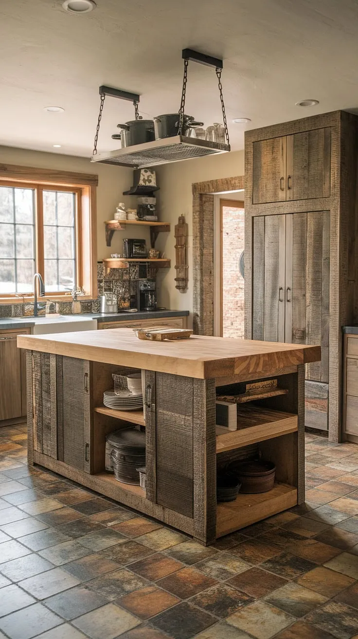 Warmth and character blend seamlessly in this kitchen, where a reclaimed barnwood island, topped with butcher block, anchors the space. The rustic charm of the cabinets and tile flooring is balanced by sleek modern elements, creating a truly inviting atmosphere. A perfect blend of old and new.