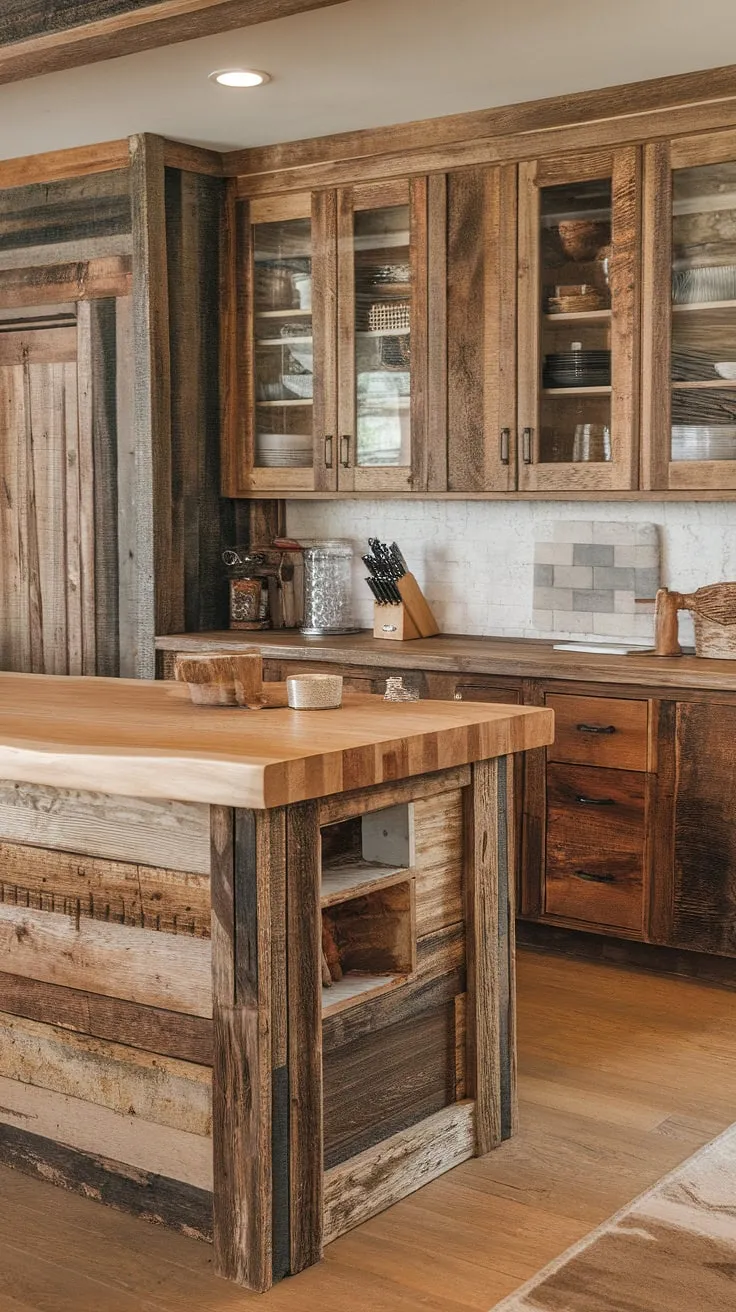 Where modern meets rustic: This kitchen's reclaimed barnwood island, complete with a butcher block top, anchors the space, blending seamlessly with the rough-sawn wood cabinets and sleek modern elements. A true testament to the beauty of blending styles. A perfect example of western rustic charm.