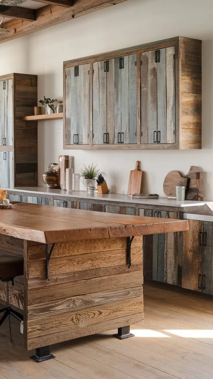 Reclaimed barnwood and sleek metal combine in this modern rustic kitchen, creating a space where warmth and industrial style seamlessly blend. The large island, a centerpiece of character, anchors the room, showcasing the beauty of a naturally weathered wood.