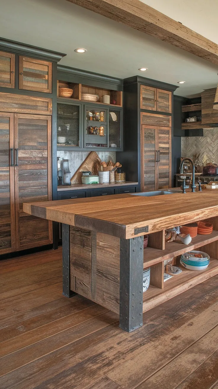 A stunning reclaimed wood island anchors this modern rustic kitchen. Its substantial presence, supported by sleek metal legs, complements the mix of rough-sawn and dark cabinetry. The weathered wood floors and overall design create a space that's both functional and aesthetically captivating. A true testament to blending old and new.