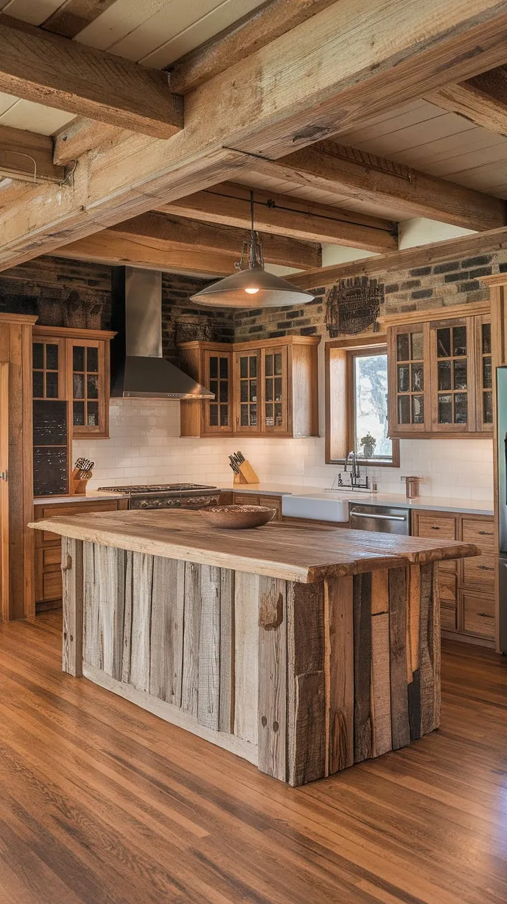 This western-inspired kitchen boasts a stunning barnwood island, the centerpiece of a space brimming with rustic elegance. A testament to the beauty of reclaimed materials, this kitchen seamlessly blends rugged textures with sleek lines. A truly unforgettable culinary haven.