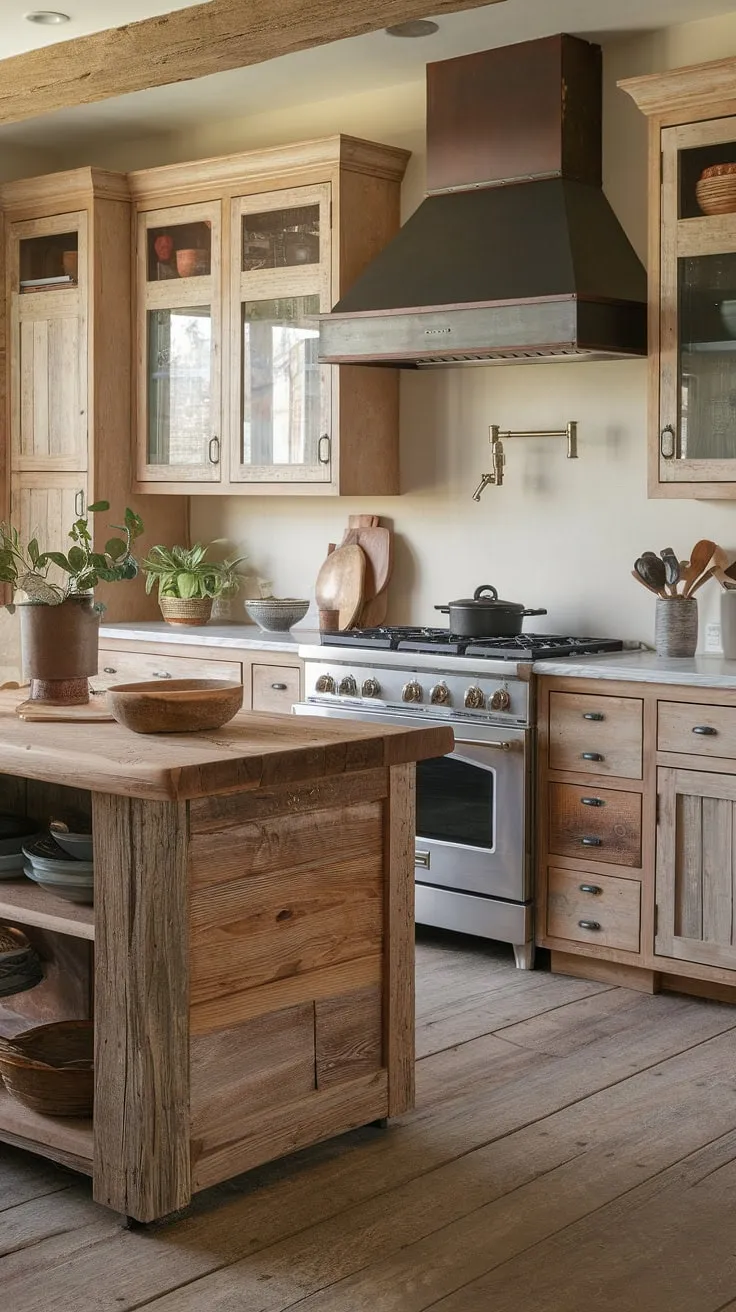 This rustic kitchen, with its massive barnwood island and creamy cabinets, is the heart of the home. The weathered wood floors and subtle modern touches create a space that's both inviting and effortlessly stylish. A perfect blend of old and new.