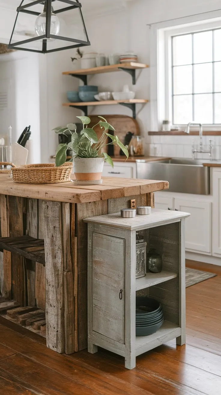 Reclaimed barnwood breathes new life into this stunning kitchen. The rustic island, adorned with a wicker basket and potted plant, stands as a testament to a unique design aesthetic, perfectly complemented by the clean lines of the white cabinets and stainless steel sink.