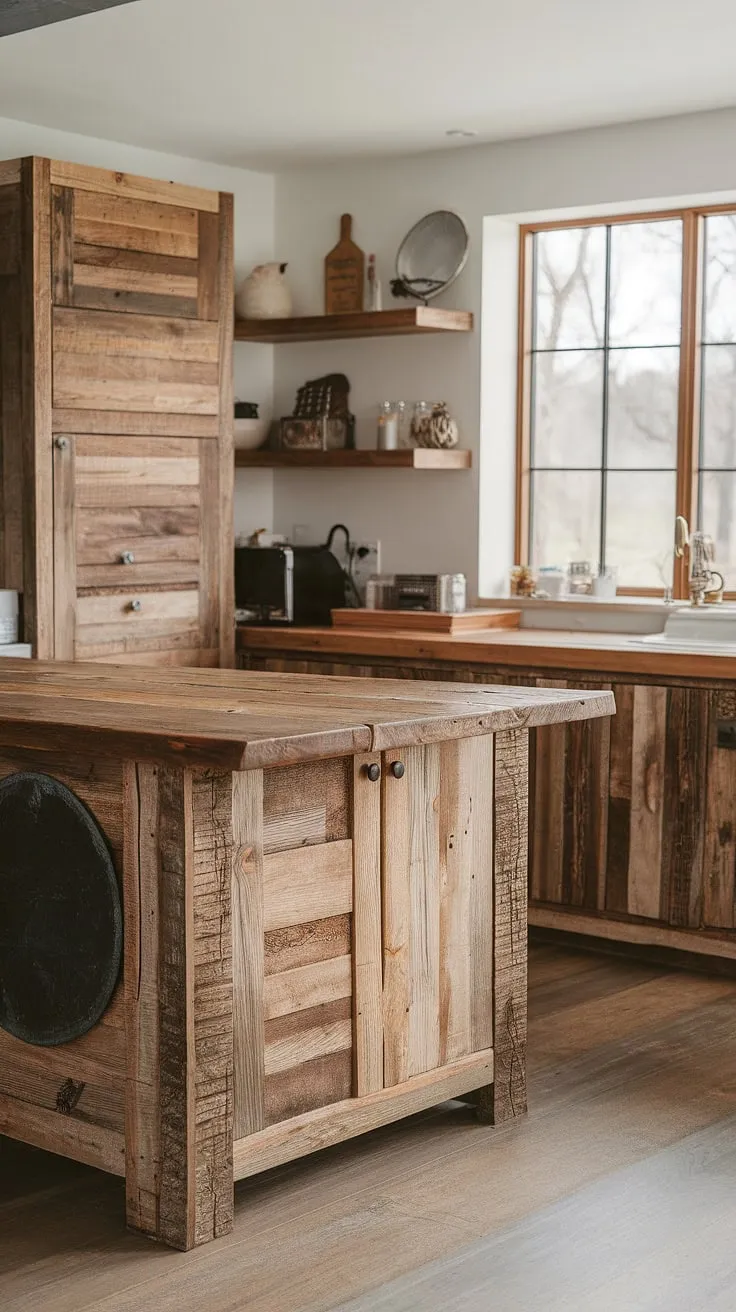 A symphony of textures and tones. This kitchen's reclaimed wood island is a stunning centerpiece, its raw beauty balanced by the sleek lines of the cabinetry. The dark accent piece adds a touch of mystery, while the window's view offers a tranquil escape. A space where functionality and aesthetic appeal seamlessly coexist, creating a truly captivating culinary haven.