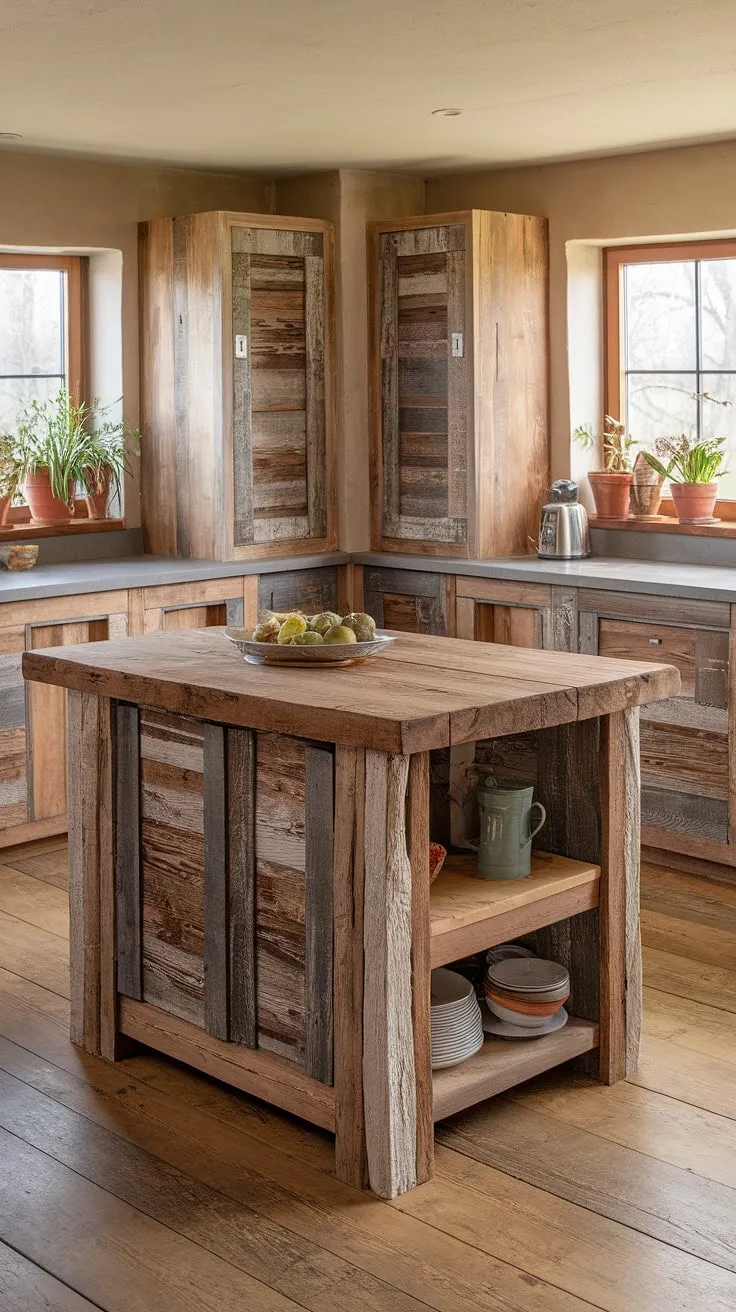 The heart of the home: A reclaimed barnwood island anchors this kitchen, its rough-hewn texture a beautiful contrast to the sleek modern cabinetry and light grey countertops. The warmth of the wood blends seamlessly with the neutral palette, creating a space that's both inviting and effortlessly stylish.