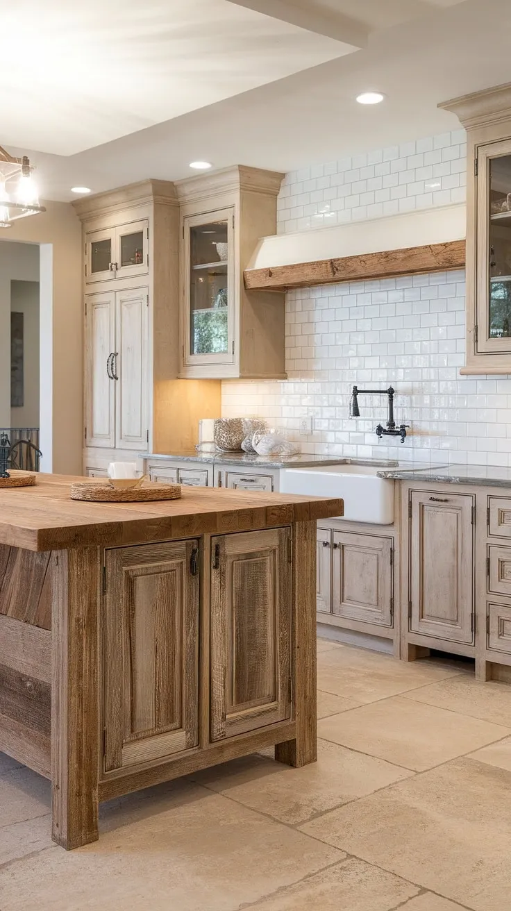 A dream kitchen realized: Warmth and style collide in this space, where a substantial barnwood island takes center stage. The aged wood's character is beautifully complemented by the crisp white subway tile backsplash and sleek black faucet, creating a kitchen that's as functional as it is aesthetically pleasing.