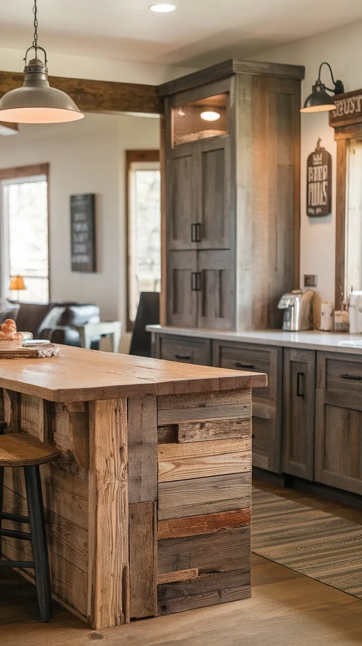 Where rustic charm meets modern convenience. The reclaimed wood island, a testament to history, anchors this kitchen's unique blend of textures and styles, creating a space that's both inviting and sophisticated. The contrast between the rough-hewn barnwood and sleek cabinetry is a stunning example of design synergy.