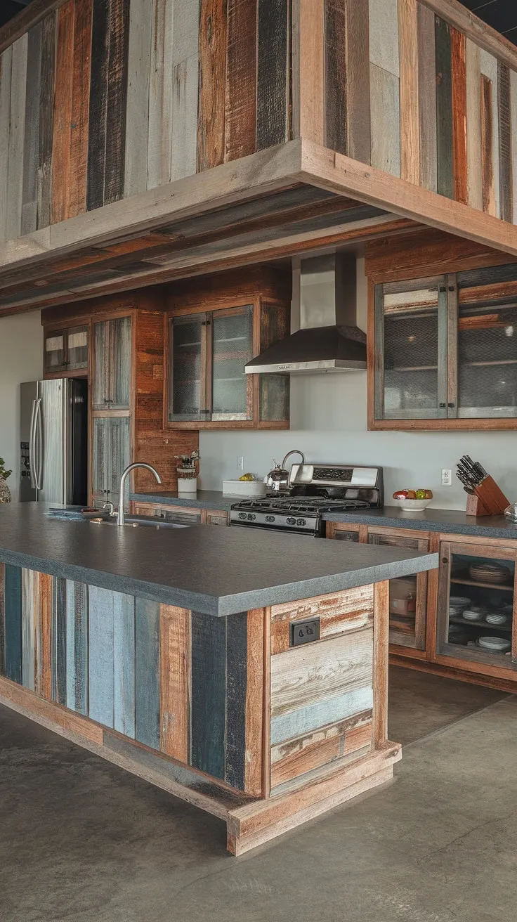 This reclaimed wood island, with its rich barnwood finish and dark gray countertops, anchors this modern rustic kitchen, creating a warm and inviting heart to the home. The rough-sawn cabinetry and concrete floors complete the look, showcasing a perfect blend of textures and styles. A testament to the beauty of repurposed materials.