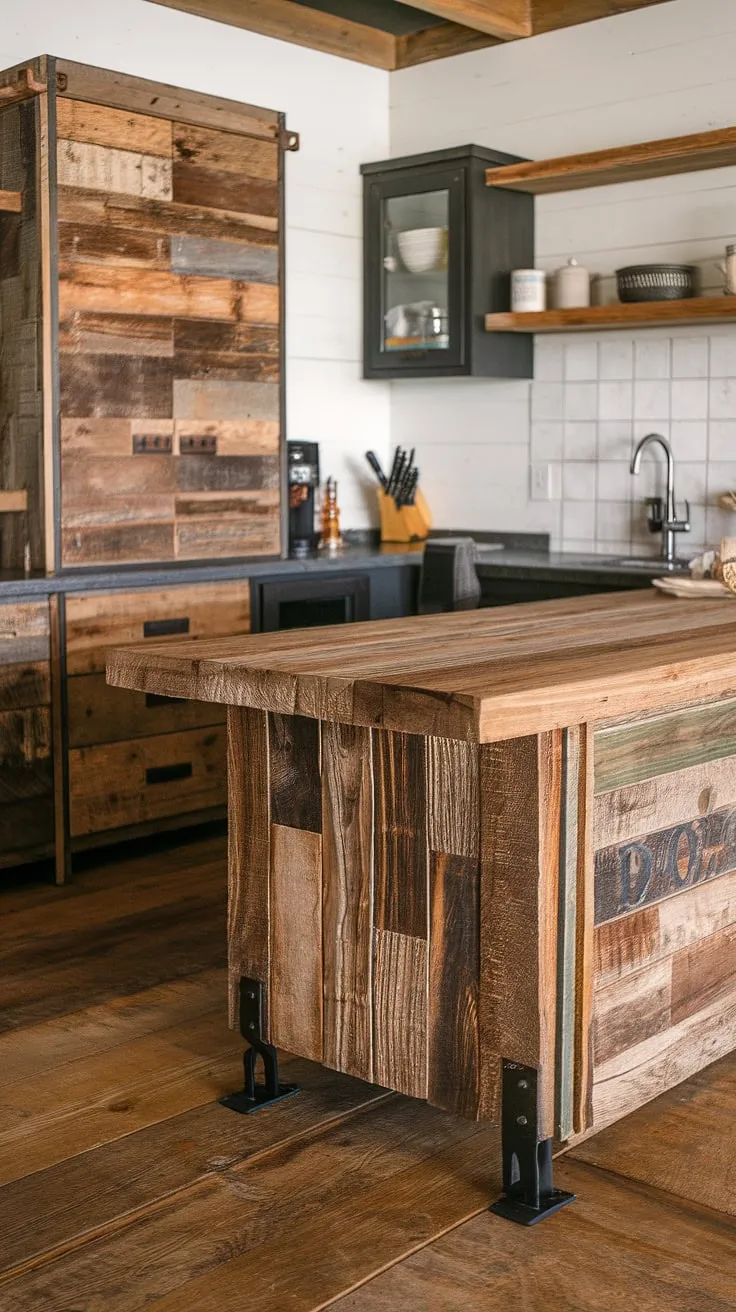 Where modern meets rustic: This kitchen's reclaimed wood island, with its rich texture and sturdy metal legs, anchors a space that effortlessly blends old-world charm with contemporary style. The mix of rustic cabinets and sleek countertops creates a warm and inviting atmosphere, perfect for both casual gatherings and quiet evenings.
