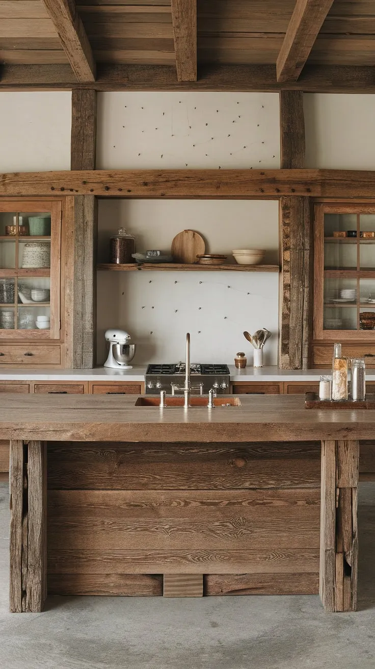 This western rustic kitchen boasts a stunning centerpiece: a massive reclaimed wood island, its barnwood character adding undeniable warmth and charm. The juxtaposition of the rough-sawn island with the smooth, modern elements creates a truly unique and captivating space. A testament to the beauty of blending old and new.