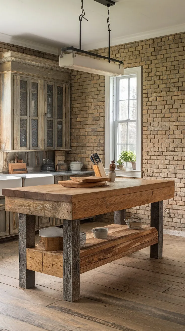 The heart of this rustic home, a sprawling barnwood island anchors the kitchen, its rough-hewn surface telling tales of time and countless meals shared. The exposed brick and worn wood floors only enhance its timeless charm. A perfect blend of old-world craftsmanship and modern convenience.