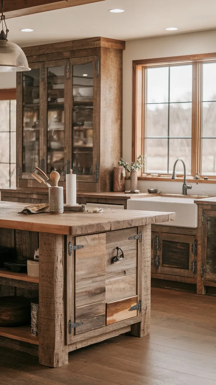A haven of rustic elegance: This kitchen's design masterfully unites contemporary aesthetics with the timeless appeal of a western-inspired theme. The rough-sawn cabinets and reclaimed barnwood island create a space that's both functional and visually stunning, a testament to the beauty of blending textures and styles.