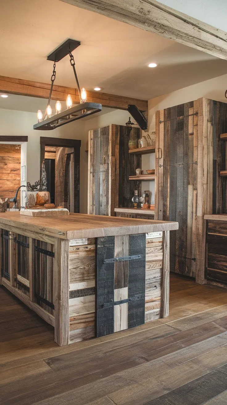 This modern rustic kitchen boasts a stunning reclaimed barnwood island, the heart of the home. The rough-sawn wood cabinets and flooring create a cohesive, inviting space, while the western-style chandelier adds a touch of sophisticated rusticity. A testament to the beauty of repurposed materials and thoughtful design.