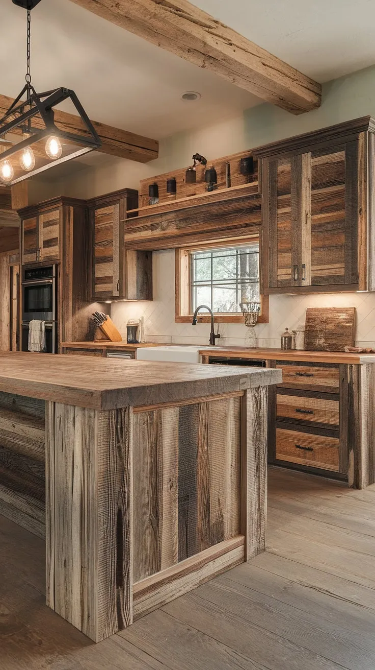 A stunning blend of rustic and modern, this kitchen showcases the beauty of reclaimed wood. The massive barnwood island, with its unique character and rough-sawn finish, is the undeniable centerpiece. A space where functionality and artistry seamlessly coexist, creating a truly exceptional western rustic aesthetic.