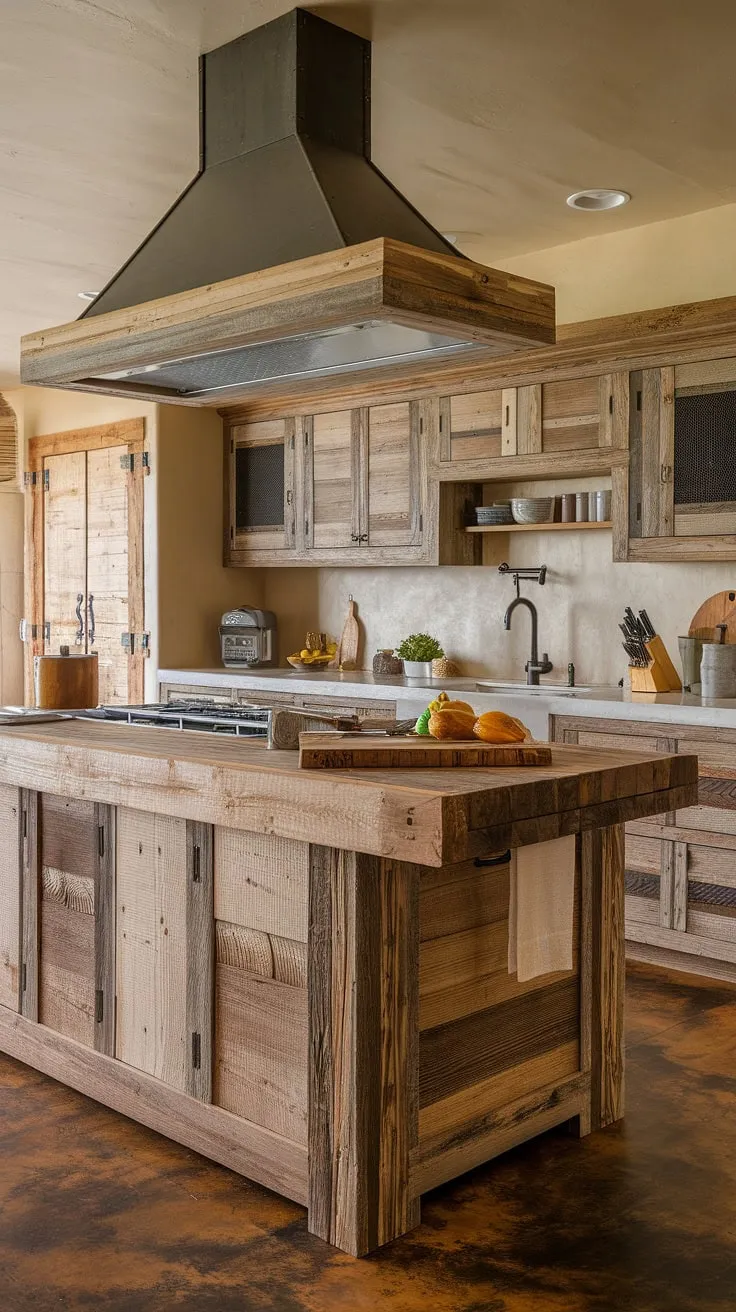 Where modern meets rustic: This kitchen's reclaimed wood island, rough-sawn texture, and subtle western details create a warm and inviting space. The blend of textures and the neutral color palette, including the dark stained floor, perfectly balances the old and the new. A perfect place to gather and create culinary memories.