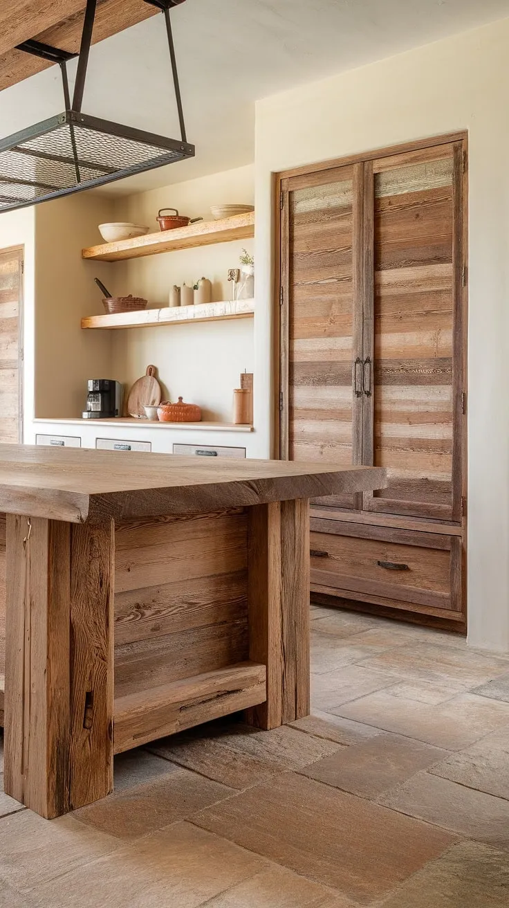 The heart of the home: This modern rustic kitchen seamlessly blends reclaimed wood and barnwood textures with clean white cabinetry, creating a space that's both warm and inviting. The large island, a stunning centerpiece, offers ample prep space and a touch of rugged charm. A perfect blend of old and new.