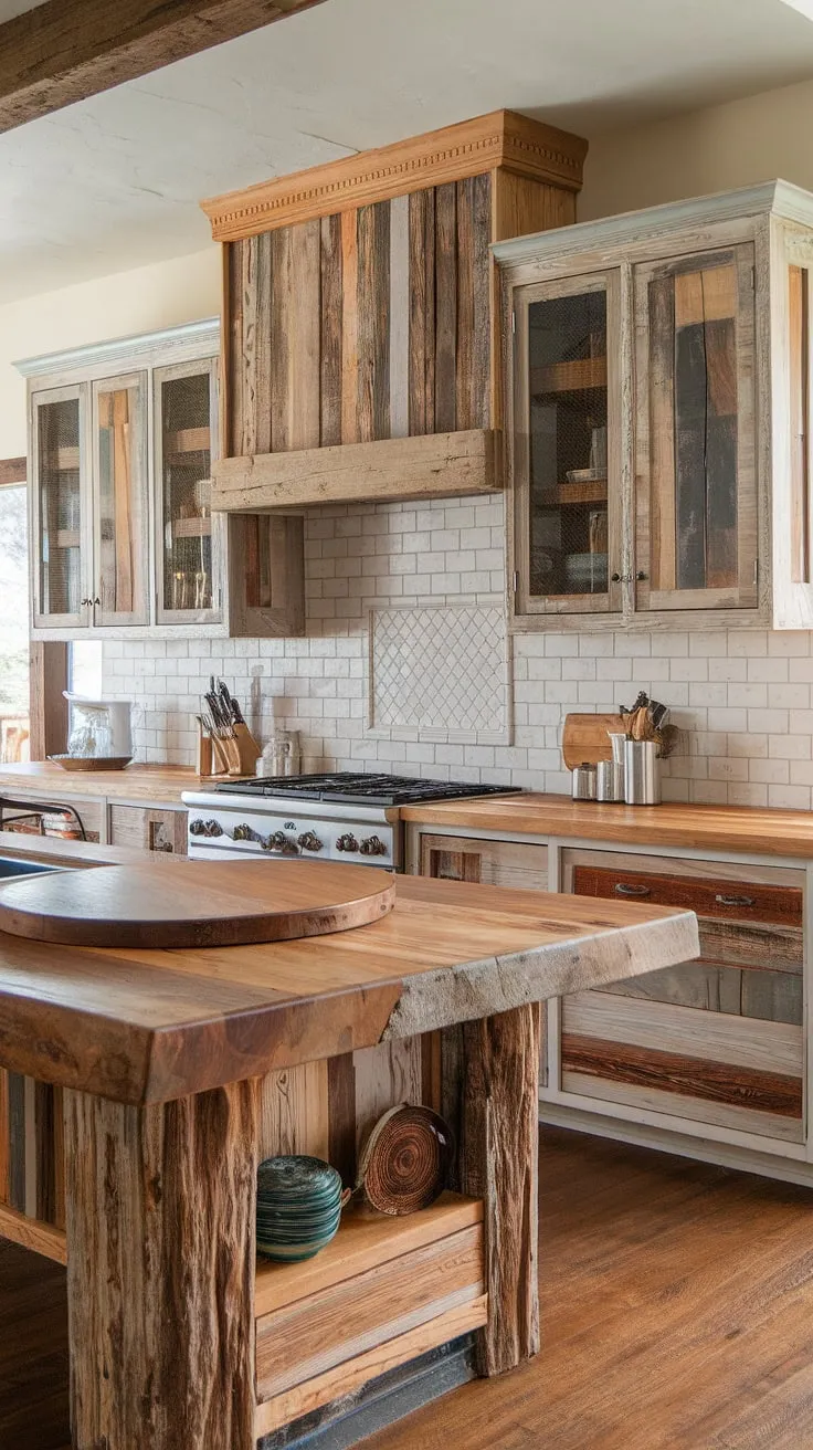 The heart of this home: a reclaimed wood island, rough-hewn and brimming with character, anchors this modern rustic kitchen. The distressed white cabinets and butcher block countertops complement the island's raw beauty, creating a space that's both functional and undeniably stylish. A perfect blend of old and new, this kitchen is a testament to the enduring appeal of handcrafted details.