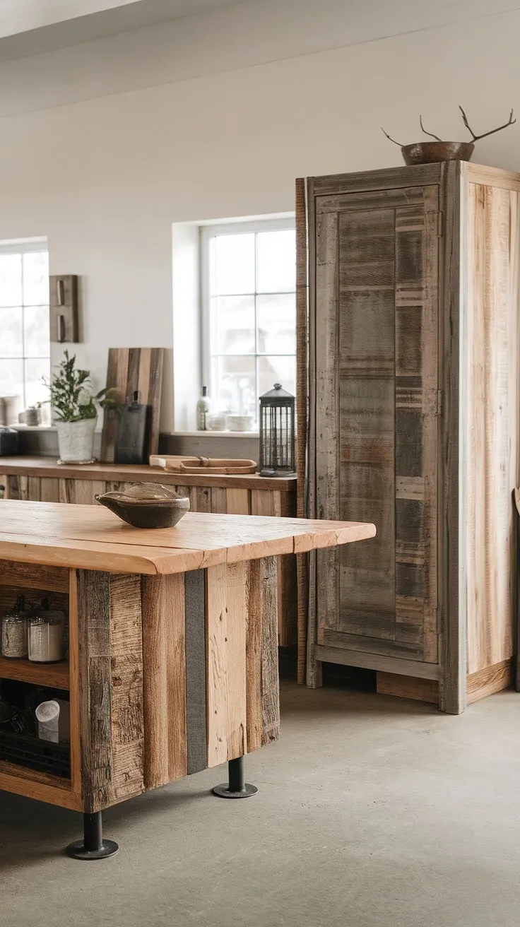 Reclaimed barnwood breathes new life into this modern rustic kitchen, its rough-hewn texture a captivating contrast to the sleek metal legs and crisp white walls. The weathered cabinet door whispers tales of the past, while the concrete floor grounds the space with an industrial edge. A perfect blend of old and new, this kitchen is a testament to thoughtful design.