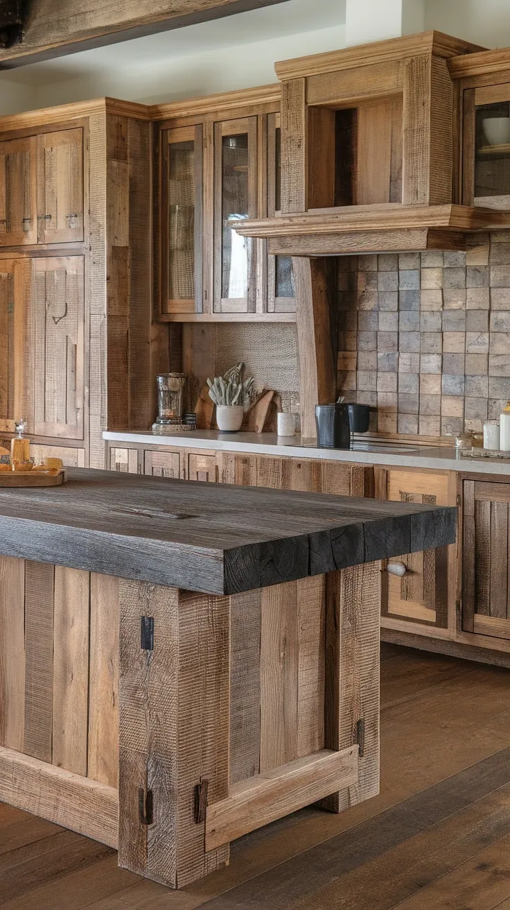 A stunning example of rustic-modern design, this kitchen boasts a massive reclaimed wood island as its centerpiece. The distressed wood cabinets and dark grey countertop create a warm, inviting atmosphere. A testament to the beauty of repurposed materials.