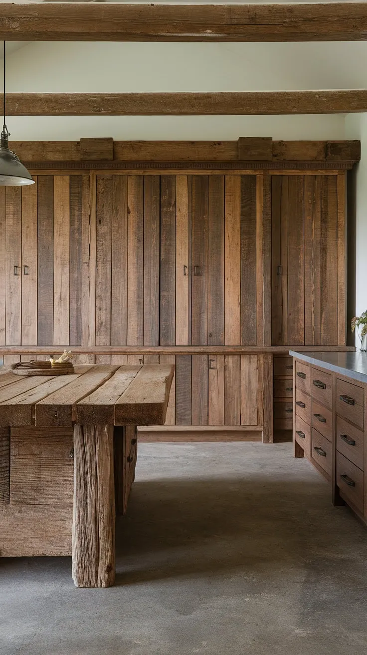 The heart of this home: a breathtaking kitchen island built from a reclaimed wood, its rough-hewn texture a stunning contrast to the crisp, contemporary cabinetry. The industrial-chic concrete floor and exposed beams complete this captivating blend of rustic charm and modern design.