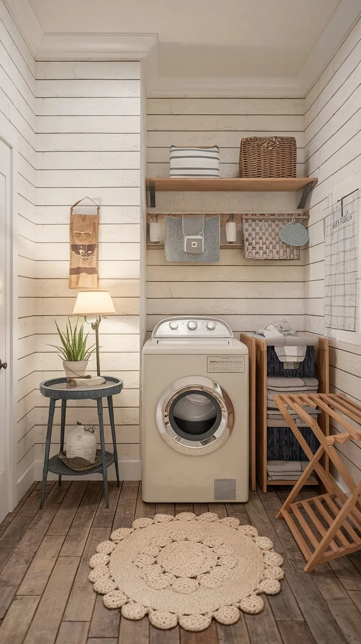Step into my dream laundry room, a haven of rustic charm where shiplap walls meet vintage washing machines and the scent of freshly laundered linens fills the air. A cozy lamp illuminates a small table adorned with a thriving plant, adding a touch of country elegance to this functional space. The wooden floors and drying rack complete the idyllic farmhouse aesthetic.