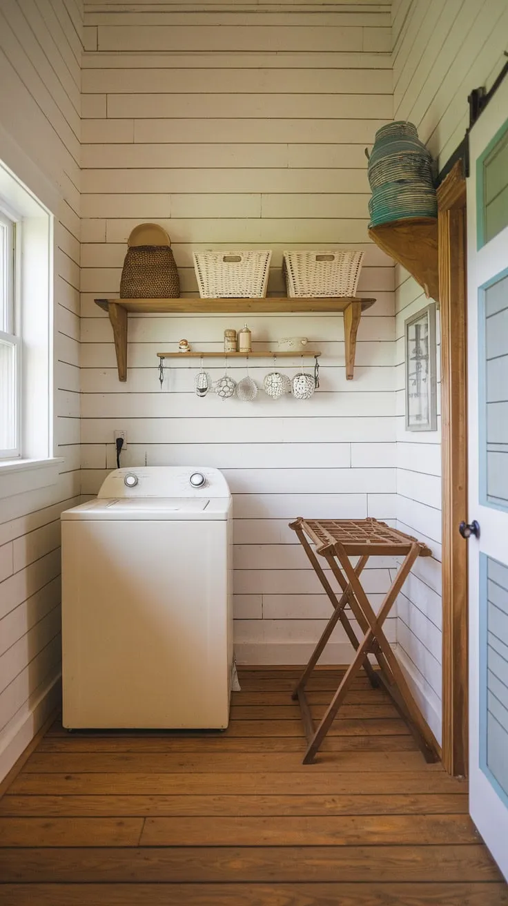 This rustic farmhouse laundry room, with its shiplap walls and vintage washing machine, is the epitome of cozy charm. The warm light streaming through the window illuminates the wooden drying rack and carefully curated shelves, creating a space that's both functional and inviting. A perfect blend of old-world charm and modern practicality.