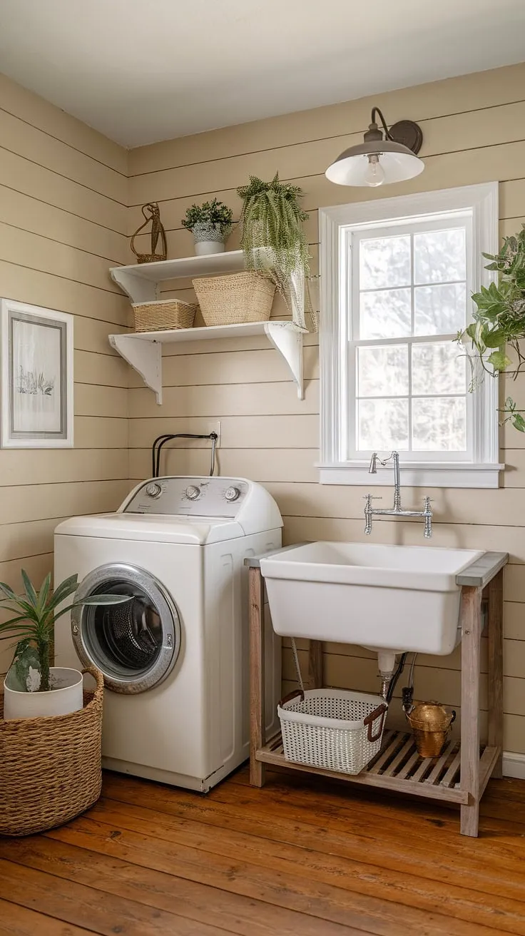 This rustic laundry room, with its shiplap walls and farmhouse sink, is the epitome of charming functionality. The vintage washing machine and drying rack add to the nostalgic appeal, while the potted plants and woven basket bring a touch of warmth and life to this cozy space. A perfect blend of old-world charm and modern convenience.