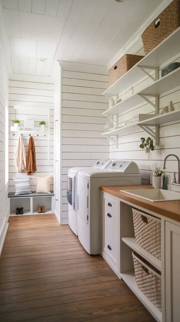 A dream laundry room awaits! Shiplap walls, a built-in sink, and plenty of storage create a functional and aesthetically pleasing space. The added mudroom bench and hooks complete the country farmhouse vibe, making this room both practical and beautiful.