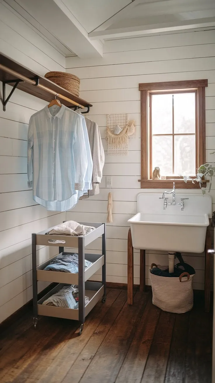 This cozy laundry room, with its shiplap walls and warm wooden floors, feels less like a chore and more like a retreat. The farmhouse sink, hanging rod, and convenient rolling cart make laundry day a breeze, while the natural light creates a bright and airy ambiance. A perfect example of rustic charm meeting practical design.