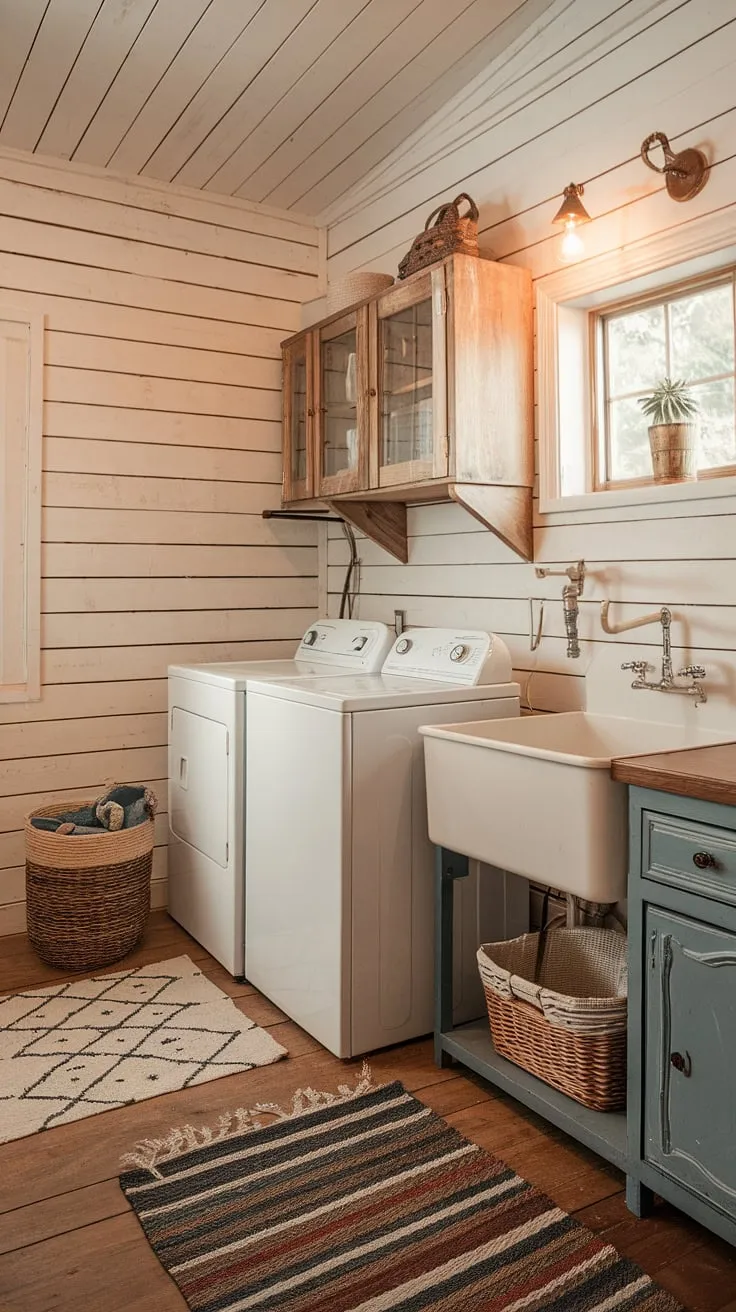 This cozy laundry room, with its shiplap walls and vintage washer and dryer, is the epitome of rustic farmhouse style. The warm lighting and charming details, including a farmhouse sink and woven basket, make even chores feel delightful. A true haven of homey comfort.