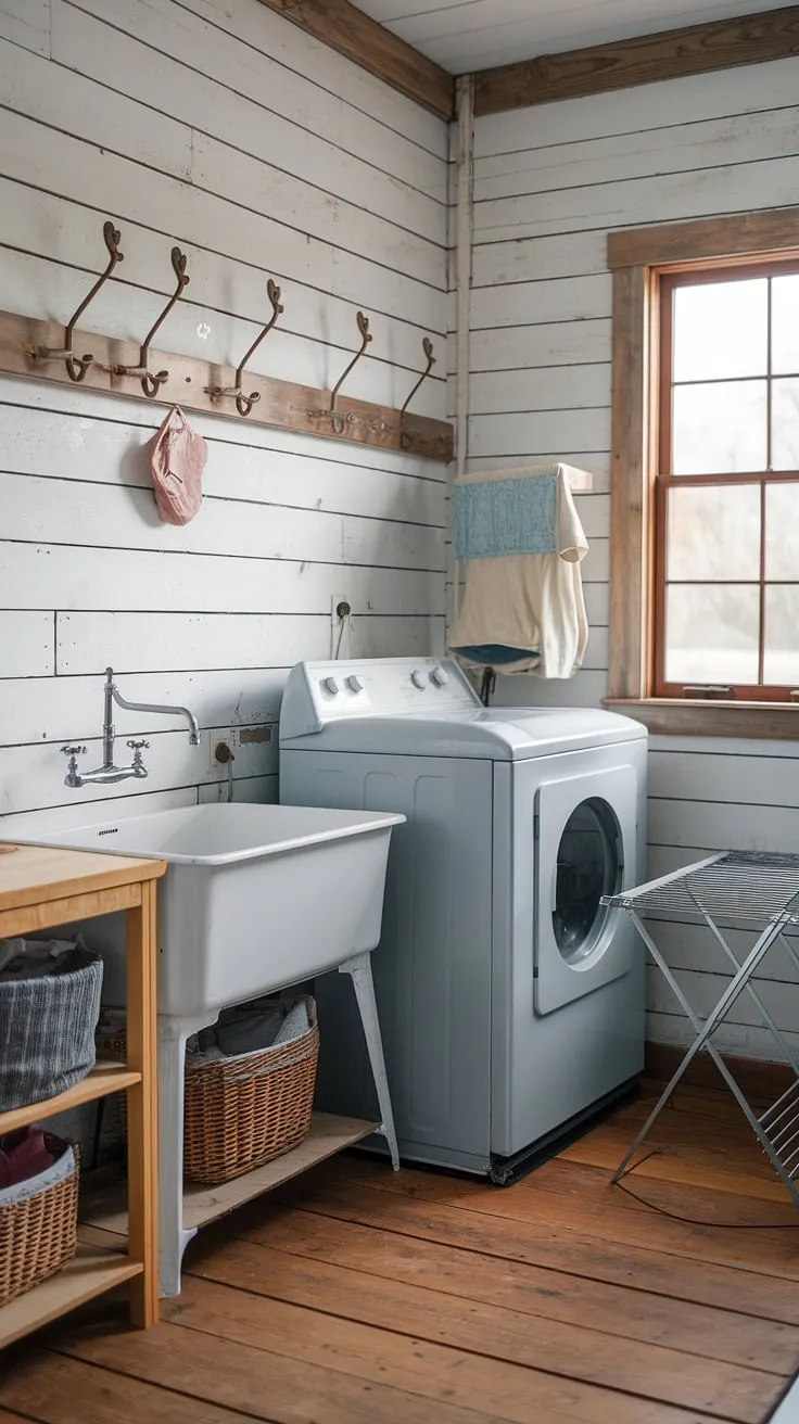 This dreamy laundry room is a testament to the beauty of simplicity. Shiplap walls, a vintage washing machine, and a charming farmhouse sink create a space that's both functional and utterly captivating. A haven of calm amidst the everyday.