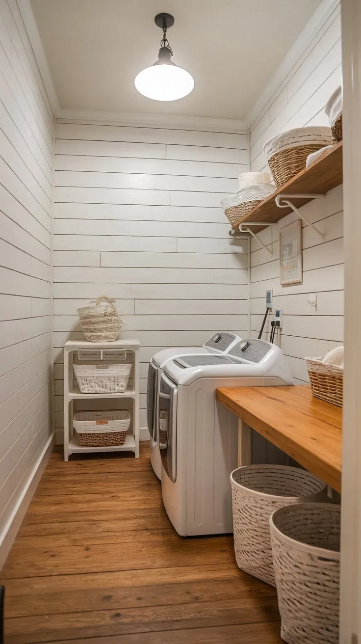 This laundry room is a dream! The shiplap walls and wooden countertop add a touch of rustic elegance, while the practical layout ensures everything is within easy reach. A space where functionality and style seamlessly coexist.