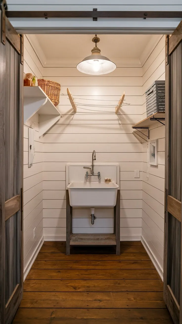 This rustic laundry room, with its shiplap walls and farmhouse sink, is the epitome of charming practicality. The clothesline above the sink adds a touch of nostalgic charm, while the vintage light fixture and wooden floors complete the idyllic setting. A perfect blend of old-world charm and modern convenience.