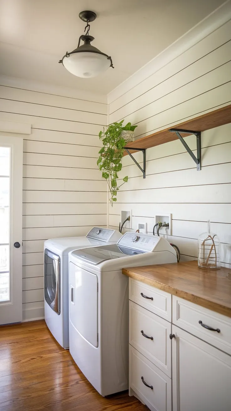 This laundry room is the epitome of cozy functionality. Shiplap walls and a wooden countertop bring a rustic elegance to the space, while the placement of the washer and dryer maximizes efficiency. The addition of a simple shelf and potted plant above the machines adds a personal touch, transforming a utilitarian room into a charming haven.