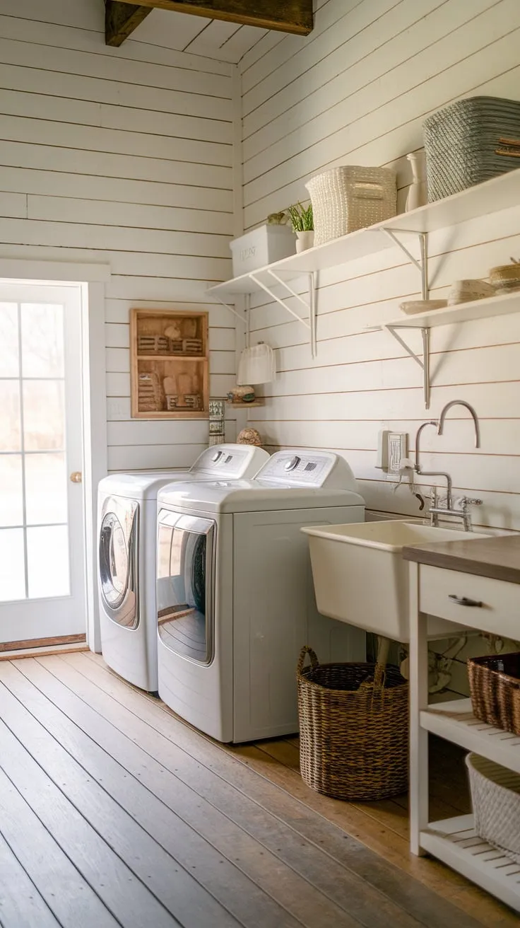 This rustic farmhouse laundry room, with its shiplap walls and charming wooden floors, is the epitome of cozy functionality. The convenient sink and ample counter space make laundry day a breeze, while the outdoor access adds a touch of practicality. A perfect blend of style and efficiency.