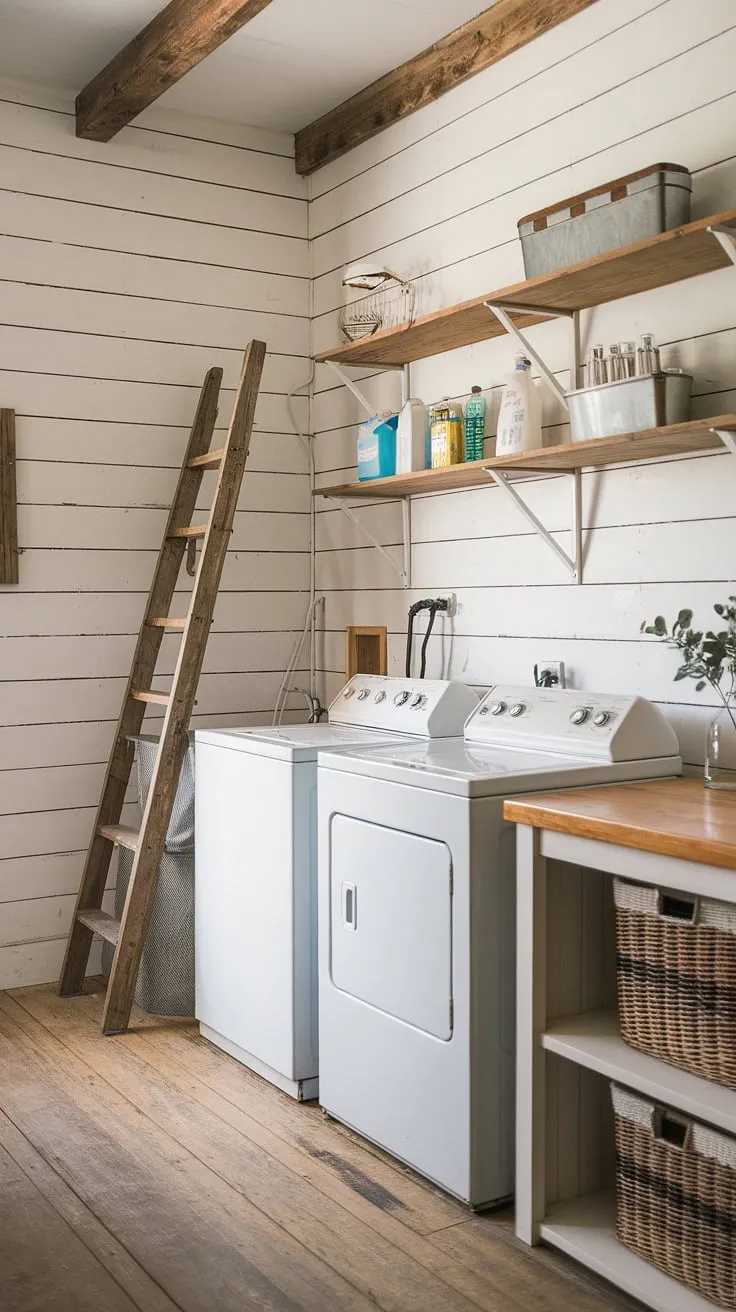 This rustic laundry room, with its shiplap walls and vintage appliances, is the epitome of charming farmhouse style. The wooden countertop, shelves brimming with cleaning supplies, and a leaning ladder add to the cozy, functional aesthetic. A true haven for chores.
