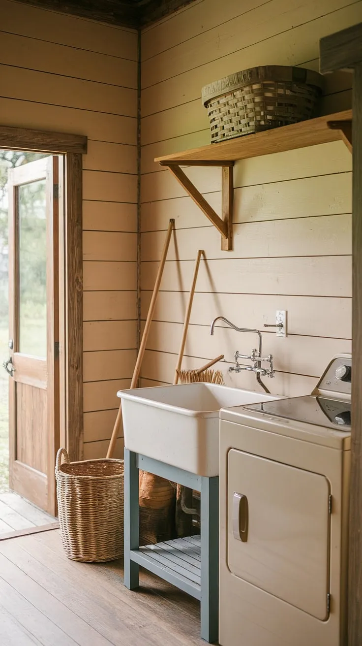 Step back in time in this cozy laundry room. The aged wood floors, shiplap walls, and vintage washer create a space brimming with character. A simple wooden shelf and a few well-placed accessories complete the charming, rustic aesthetic. A true haven for chores.