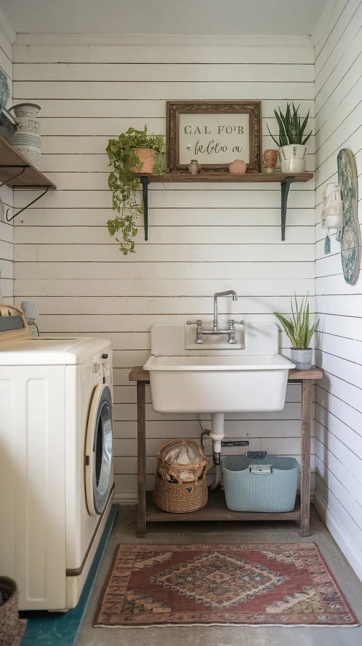 This rustic laundry room, complete with shiplap walls and a charming farmhouse sink, is the epitome of cozy country living. The vintage washing machine adds a touch of nostalgia, while the potted plants on the wooden shelf bring a breath of fresh air to this functional space. A perfect blend of practicality and style.