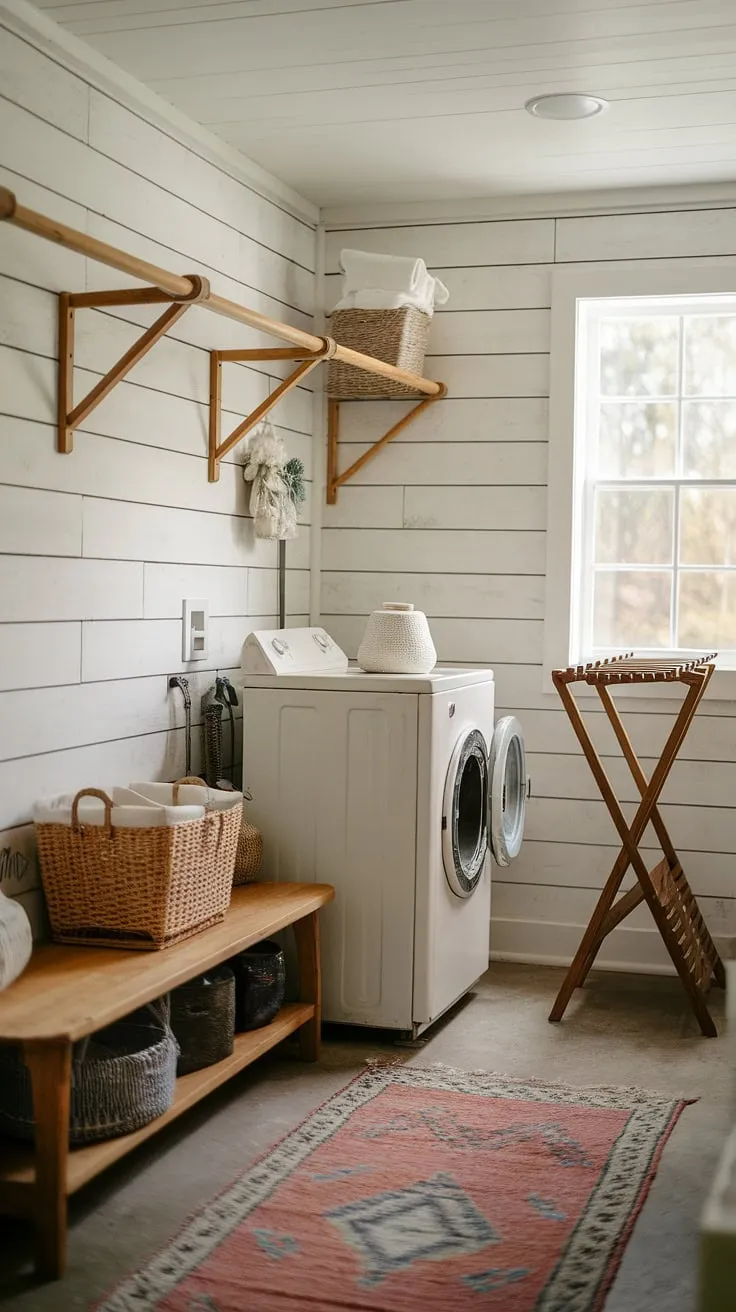 This rustic laundry room, complete with shiplap walls and a vintage washing machine, is the epitome of charming functionality. A wooden drying rack and a cozy bench with a woven basket add to the room's inviting atmosphere. Natural light floods the space, highlighting the beautiful details and creating a peaceful haven for chores. The result is a space that's both practical and aesthetically pleasing.