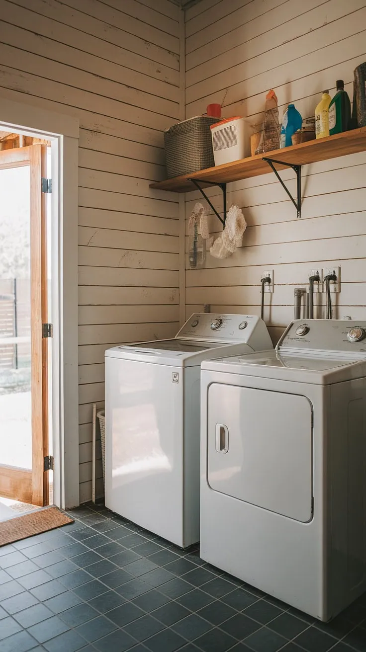 This rustic laundry room, with its shiplap walls and dark grey tile floor, is the perfect blend of charm and functionality. The wooden shelf above the appliances provides ample storage for cleaning supplies, making laundry day a little less of a chore. A convenient exterior door adds to the room's practicality.